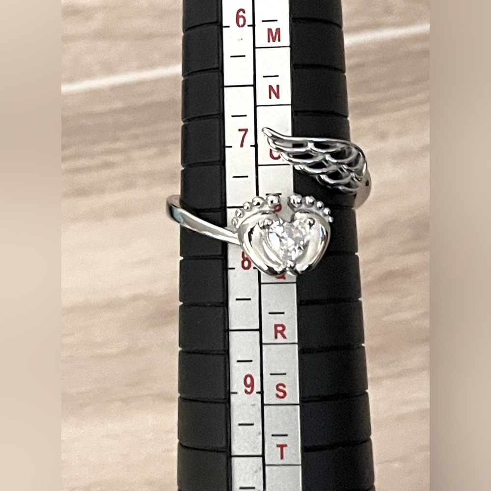 👣🪽Mommy of an Angel / Footprints wings😇 Stamped S925 Silver Adjustable Ring NWT - Picture 7 of 11